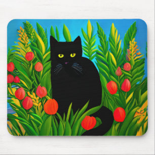Alfombrilla De Ratón Pequeño gato negro en un jardín de tulipanes