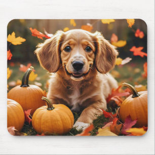 Alfombrilla De Ratón Perro Adorable con hojas y calabazas otoñales