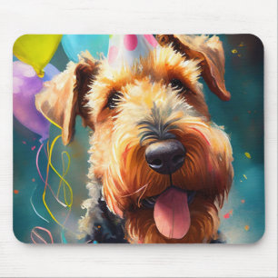 Alfombrilla De Ratón Perro Airedale con gorra de cumpleaños y globos