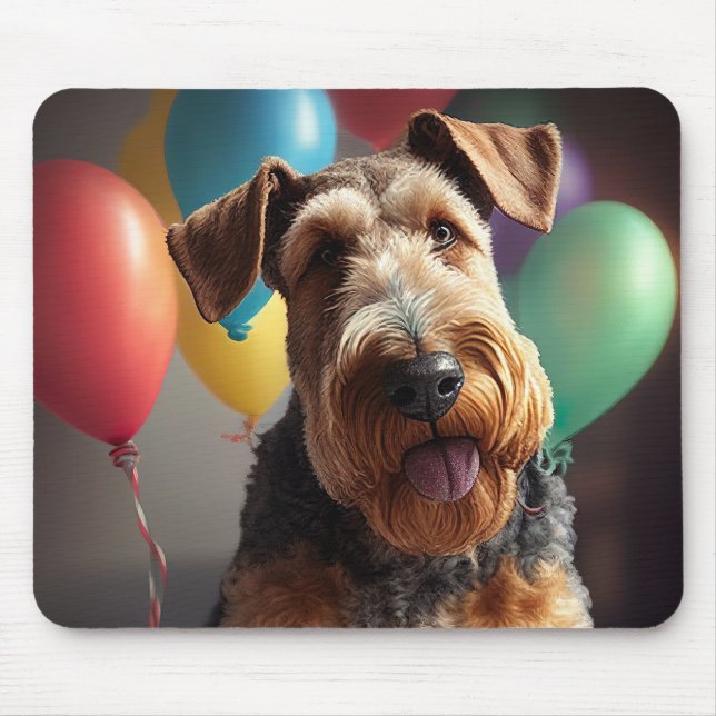 Alfombrilla De Ratón Perro Airedale con torta y globos (Frente)