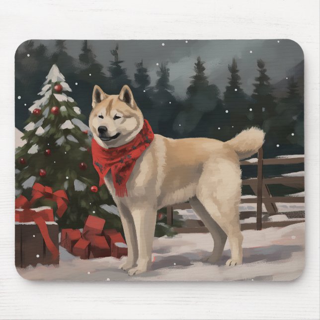 Alfombrilla De Ratón Perro Akita en Navidades de nieve (Frente)