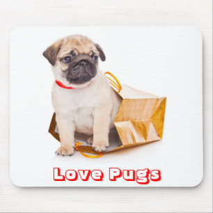 Alfombrilla De Ratón Perro amoroso, pug cachorro en una bolsa de regalo