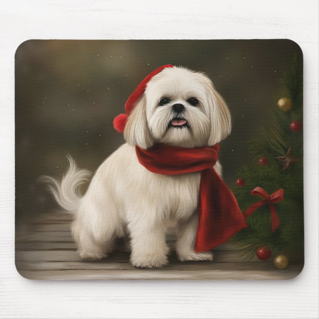 Alfombrilla De Ratón Perro Apso Lhasa en Navidades de Nieve (Frente)