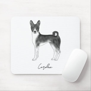 Alfombrilla De Ratón Perro Basenji en negro y blanco con nombre persona