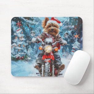 Alfombrilla De Ratón Perro Biewer Terrier montando motocicleta Navidad