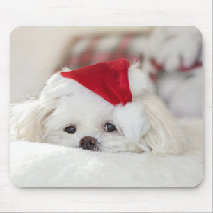 Alfombrilla De Ratón Perro blanco en un Gorra de Navidades rojos