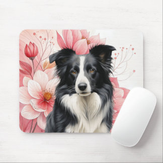 Alfombrilla De Ratón Perro Border Collie y Lirios Rosados Intensos
