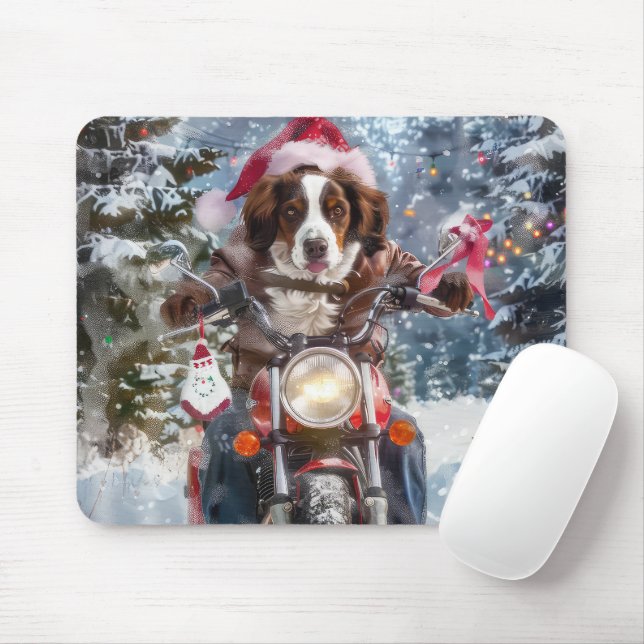 Alfombrilla De Ratón Perro Brittany Spaniel montando motocicleta Navida (Con ratón)