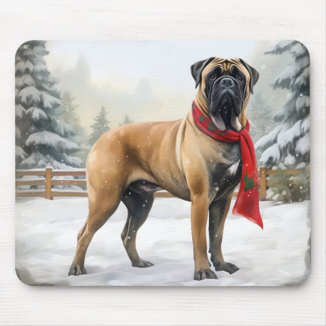 Alfombrilla De Ratón Perro bullmastiff en Navidades de nieve (Frente)