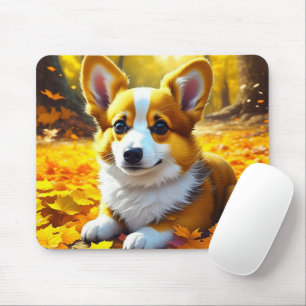 Alfombrilla De Ratón Perro cachorro Corgi jugando en hojas de otoño