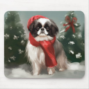 Alfombrilla De Ratón Perro Chin Japonés en Navidad con Nieve