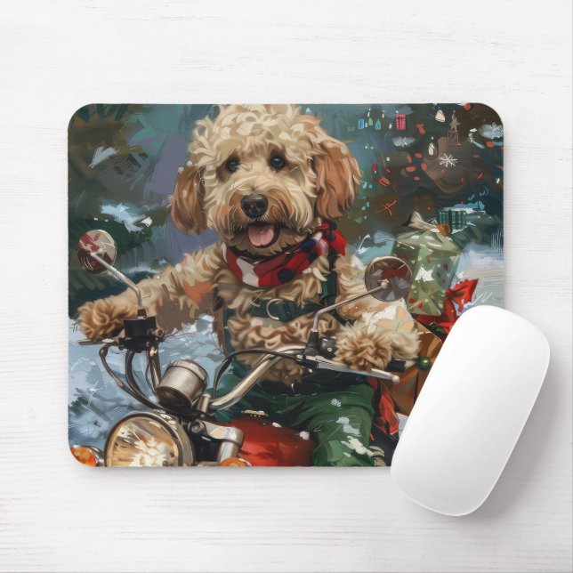 Alfombrilla De Ratón Perro Cockapoo montando motocicleta Navidad (Con ratón)