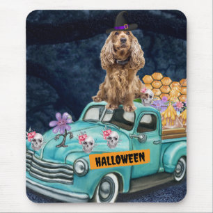 Alfombrilla De Ratón Perro Cocker Spaniel Camión de Halloween Noche Esp