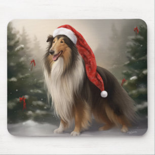 Alfombrilla De Ratón Perro Collie Áspero en Navidad con Nieve