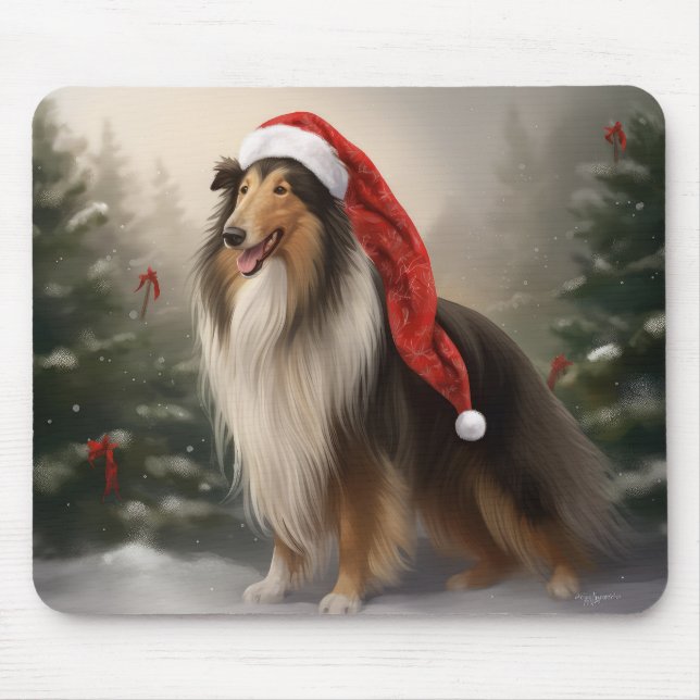 Alfombrilla De Ratón Perro Collie Áspero en Navidad con Nieve (Frente)