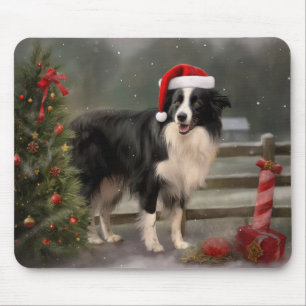 Alfombrilla De Ratón Perro collie fronterizo en Navidades de nieve