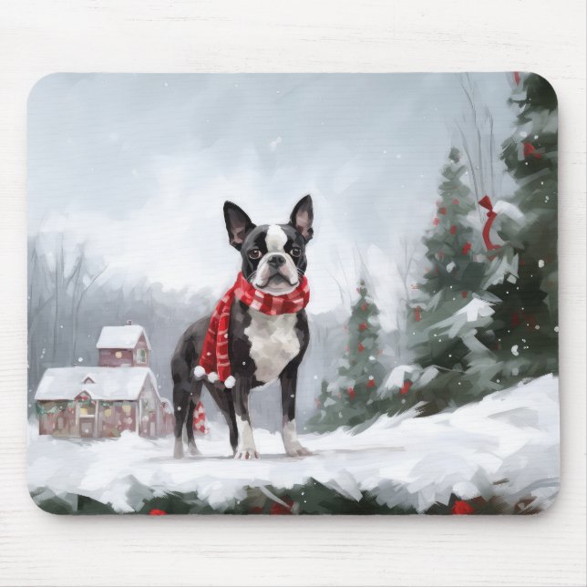Alfombrilla De Ratón Perro de Boston Terrier en Navidades de Nieve (Frente)