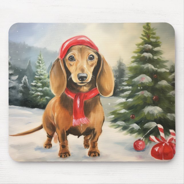 Alfombrilla De Ratón Perro de Dachshund en Navidades de nieve (Frente)