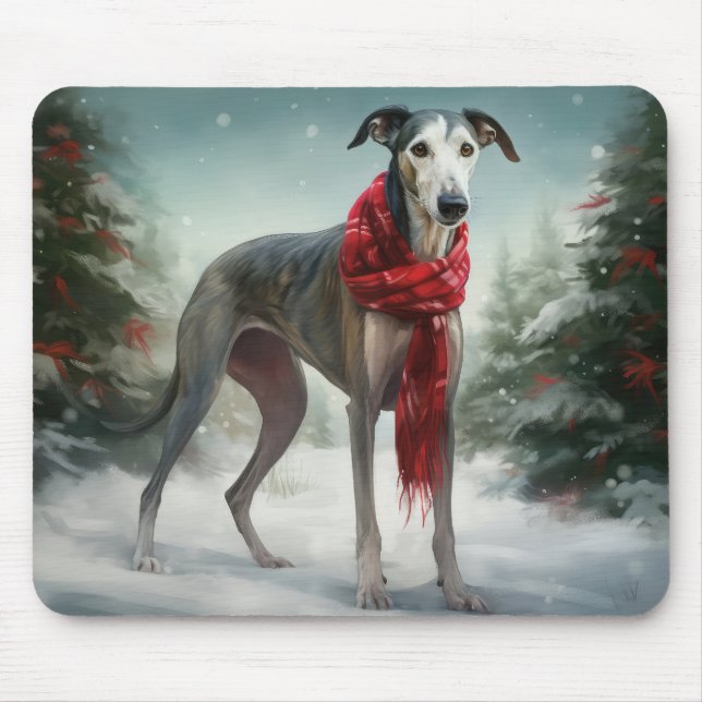 Alfombrilla De Ratón Perro de Greyhound en Navidades de Nieve (Frente)