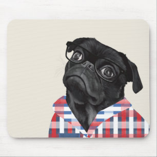 Alfombrilla De Ratón Perro De Pug Negro Con Gafas Y Chequera