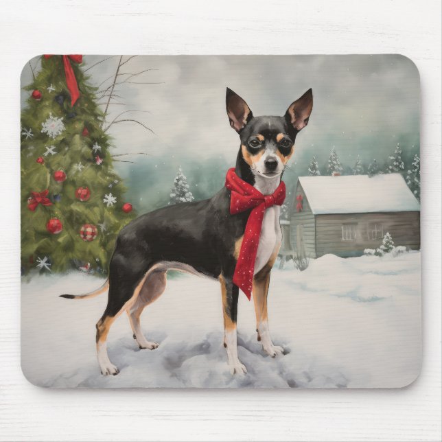 Alfombrilla De Ratón Perro de Rat Terrier en Navidades de Nieve (Frente)