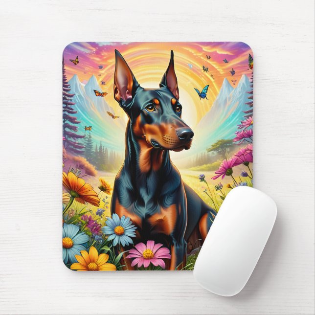 Alfombrilla De Ratón Perro Doberman, flores y escena de montaña (Con ratón)