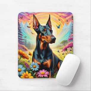 Alfombrilla De Ratón Perro Doberman, Flores Y Montaña