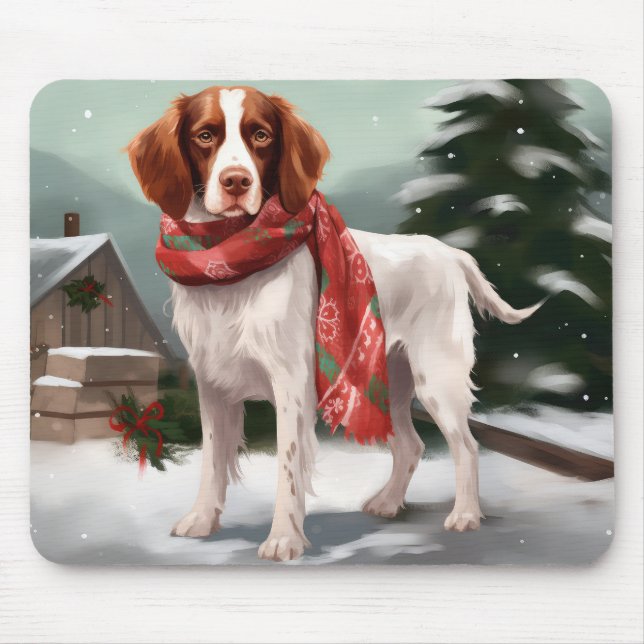 Alfombrilla De Ratón Perro español de Bretaña en Navidades de nieve (Frente)