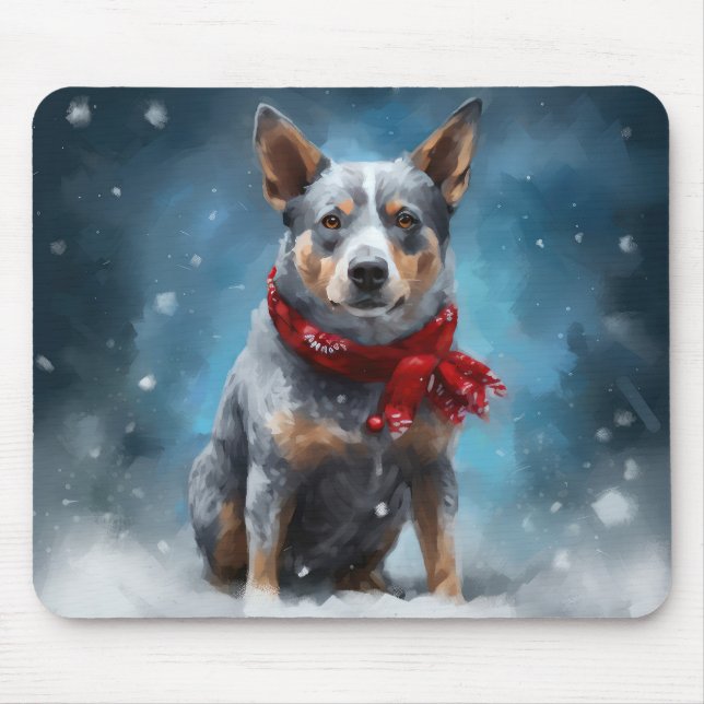 Alfombrilla De Ratón Perro Heeler Azul en Navidades de Nieve (Frente)