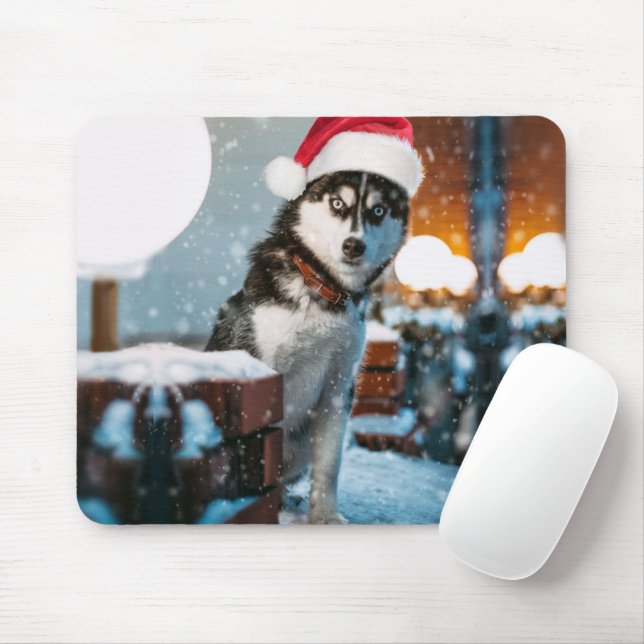Alfombrilla De Ratón Perro Husky siberiano con sombrero santa (Con ratón)