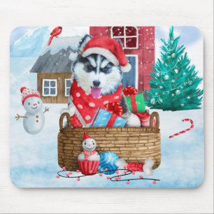 Alfombrilla De Ratón Perro Husky Siberiano en casa de perros de Navidad