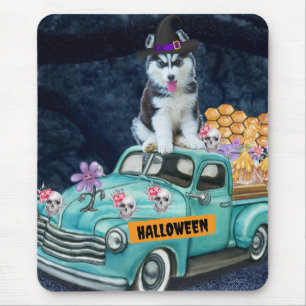 Alfombrilla De Ratón Perro Husky Siberiano Halloween Camión Noche Espel