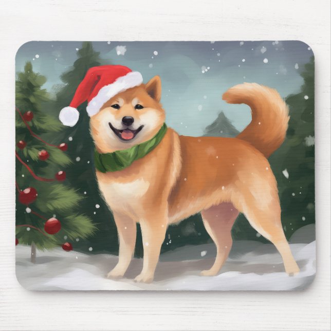 Alfombrilla De Ratón Perro Inu Shiba en Navidades de Nieve (Frente)