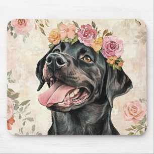 Alfombrilla De Ratón Perro Labrador Retriever Negro Floral Rosa Melocot