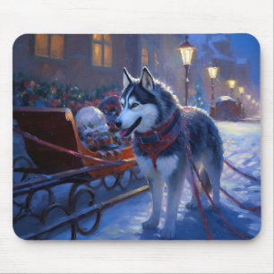Alfombrilla De Ratón Perro lobo siberiano Temporada festiva de Navidad