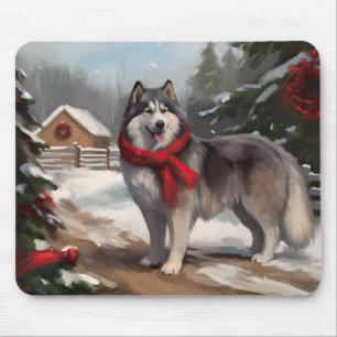 Alfombrilla De Ratón Perro Malamute de Alaska en la nieve Navidad