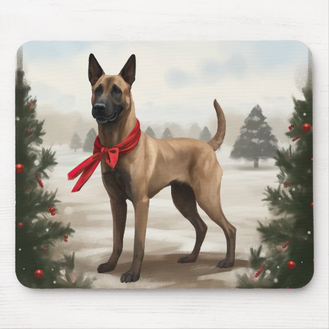 Alfombrilla De Ratón Perro malinés belga en Navidades de nieve (Frente)
