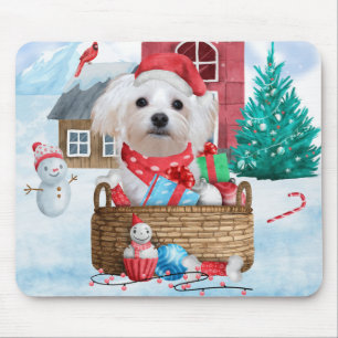 Alfombrilla De Ratón Perro maltés en casa de perros de Navidades de nie