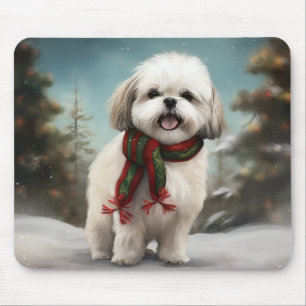 Alfombrilla De Ratón Perro Malti Tzu en Navidad con Nieve