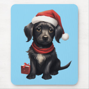 Alfombrilla De Ratón Perro negro lindo en Navidad