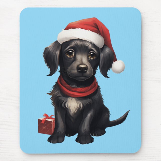 Alfombrilla De Ratón Perro negro lindo en Navidad (Frente)