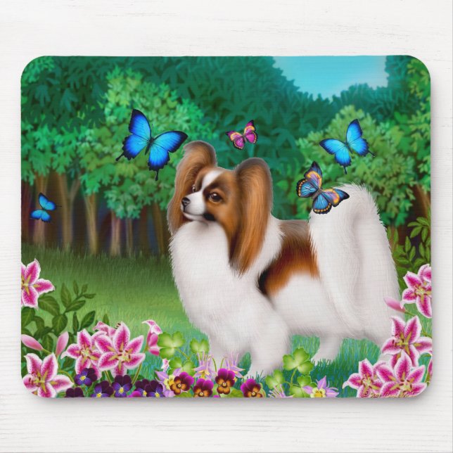 Alfombrilla De Ratón Perro Papillon en el jardín en Mousepad (Frente)