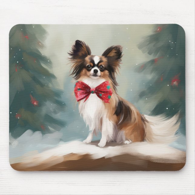 Alfombrilla De Ratón Perro Papillon en Navidades de nieve (Frente)