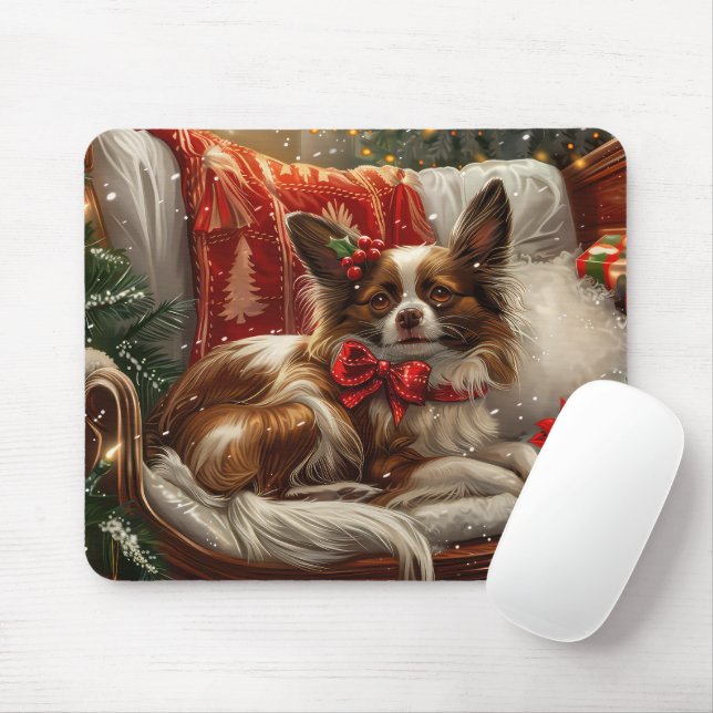 Alfombrilla De Ratón Perro Papillon Navidad Festiva (Con ratón)