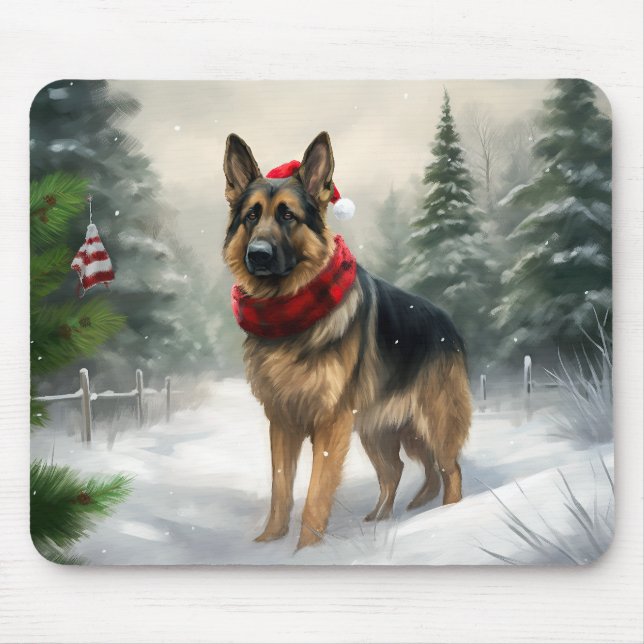 Alfombrilla De Ratón Perro pastor alemán en Navidad con nieve (Frente)