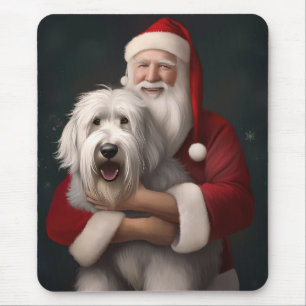 Alfombrilla De Ratón Perro pastor inglés antiguo con Santa Claus festiv
