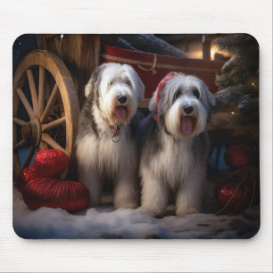 Alfombrilla De Ratón Perro pastor inglés antiguo Sleigh nevado Decoraci
