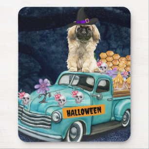 Alfombrilla De Ratón Perro Pequinés Camión de Halloween Noche Espeluzna