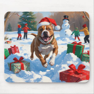 Alfombrilla De Ratón Perro Pitbull corriendo en la nieve con sombrero d