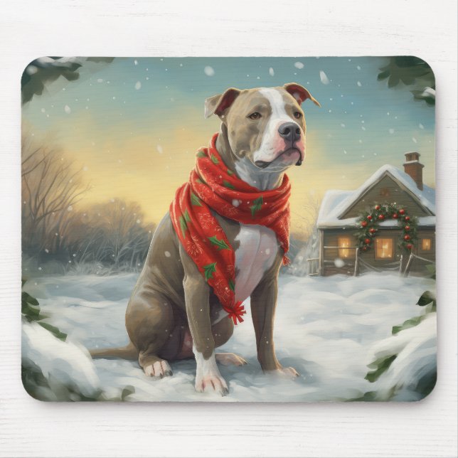 Alfombrilla De Ratón Perro Pitbull en Navidad con Nieve (Frente)